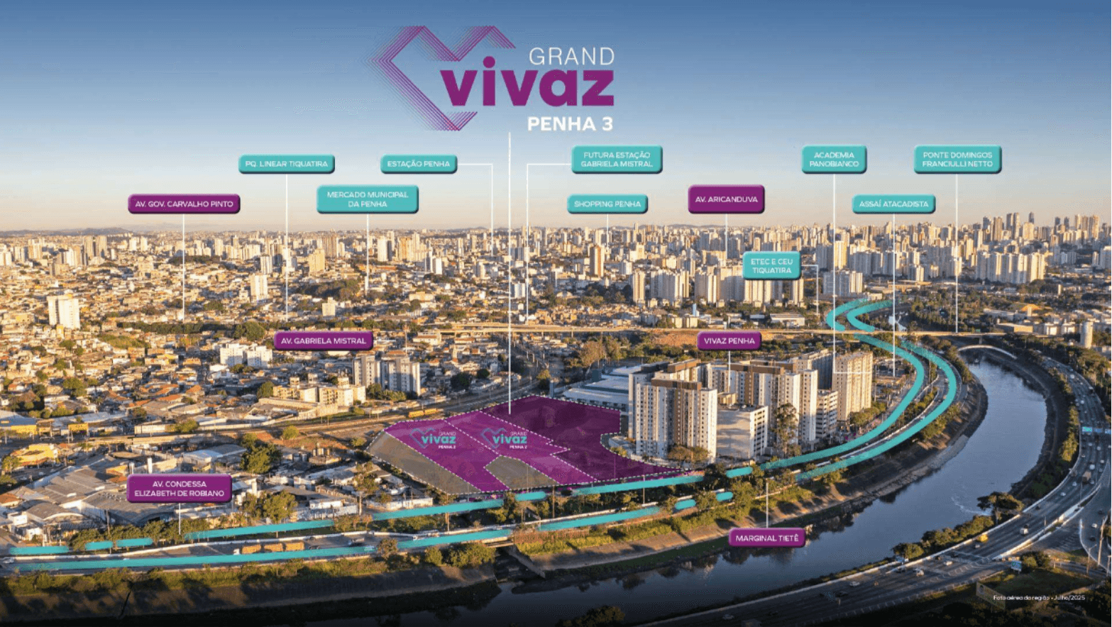 Vista aérea da localização do empreendimento com destaque para pontos de interesse e infraestrutura da região.